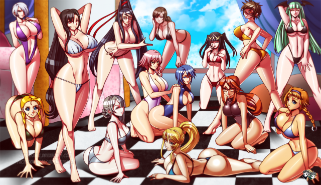 jadenkaibaaqua (kingdom hearts)+bayonetta (character)+cammy white+eclair farron+isabella valentine+kaine (nier)+kanna (pokemon)+leina+morrigan aensland+quiet (metal gear)+