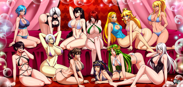 jadenkaibaaqua (kingdom hearts)+bayonetta (character)+isabella valentine+original character+palutena+princess peach+princess zelda+quiet (metal gear)+samus aran+tharja+tifa
